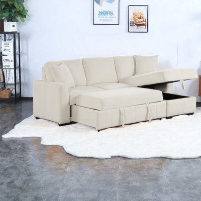 Modern L-shaped Sectional Sofa With Storage And Cup Holders, Acacia Wood Frame For Living Room