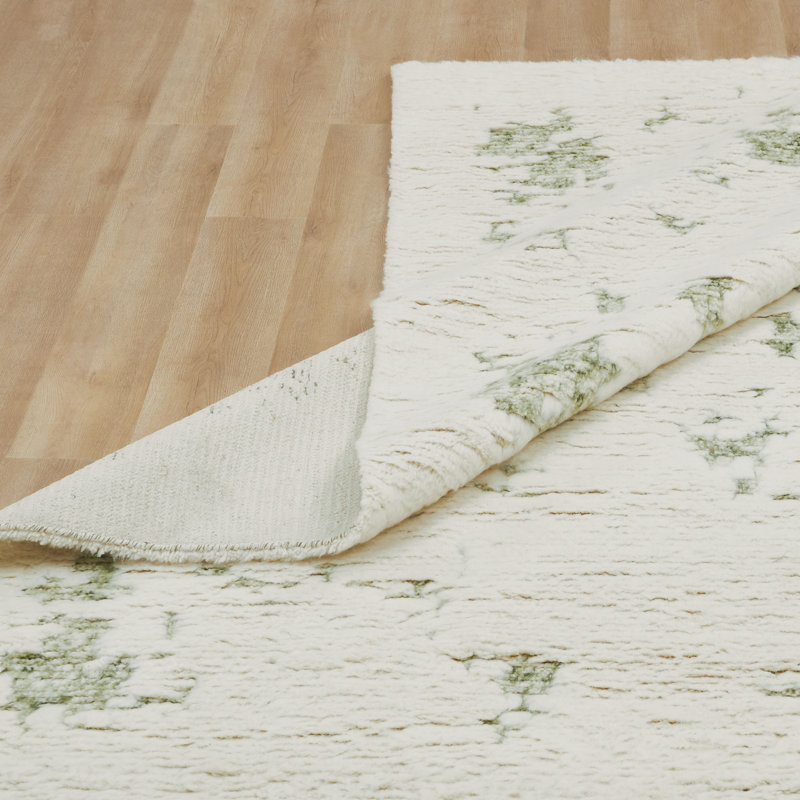 Tapis blanc / crème / vert à poils longs en laine Cloudscape, Rectangle 6 pi x 9 pi