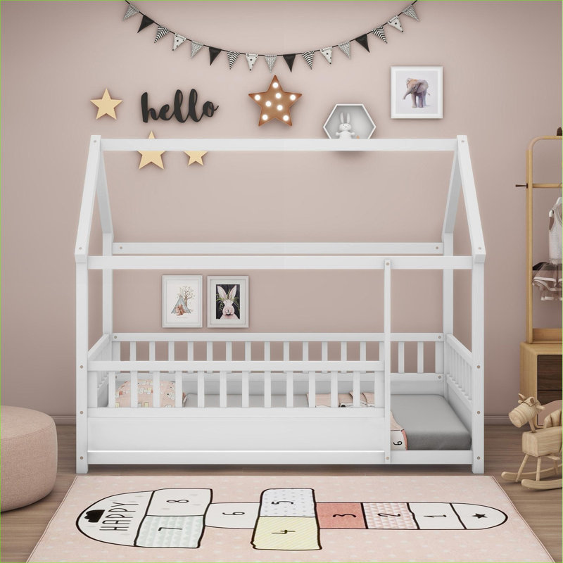 Lit plateforme pour enfant en pin massif blanc doux avec cadre de toit et garde-corps pour enfant, Twin, White