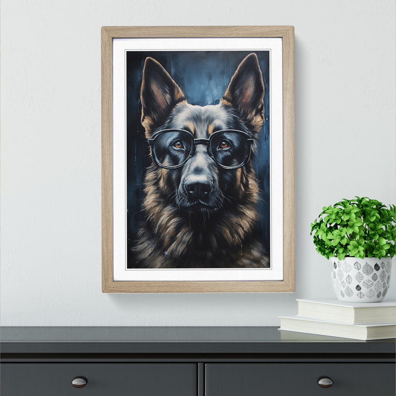 German Shepherd With Glasses No.4 - Single Picture Frame Print on Wood, Oak Framed, 64cm H x 46cm W