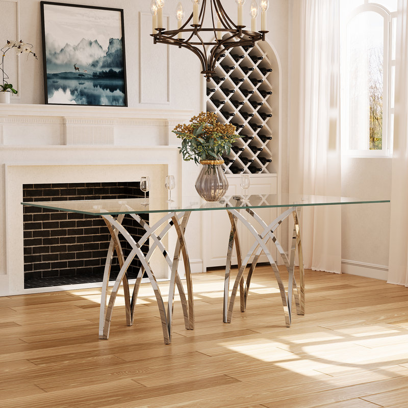 Clear Glass Dining Table With Mirrored Silver Crown Base, 30"H x 78"L x 40"W
