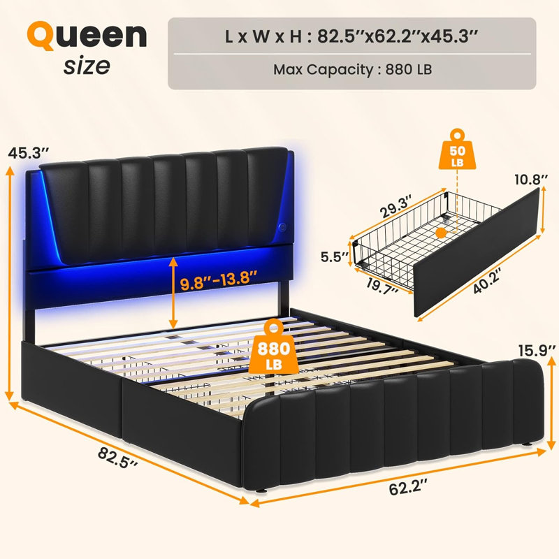Lit plateforme tapissier en cuir moderne avec tiroirs de rangement noir, Grand
