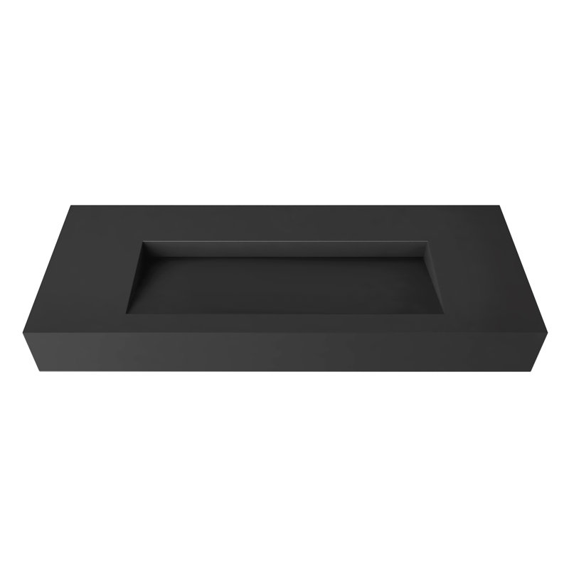 Pyramid 48" Wall Mounted Rectangular Solid Surface Bathroom Sink in Matte Finish, Black, No Faucet Hole, Black, No Hole