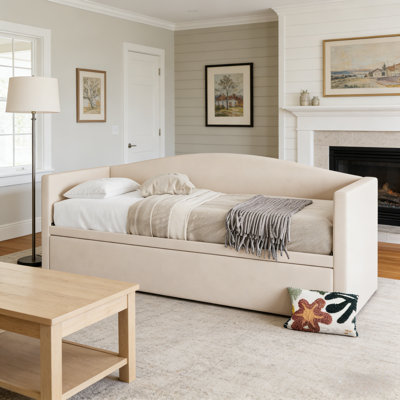 Upholstered Daybed With Pop Up Trundle, Twin To King Size Fabric Sofa Bed by Mercer41