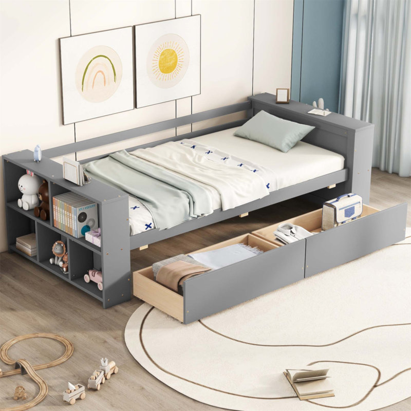 Lit de jour simple avec tablettes et tiroirs, parfait pour le rangement et design minimaliste, durable et facile à assembler