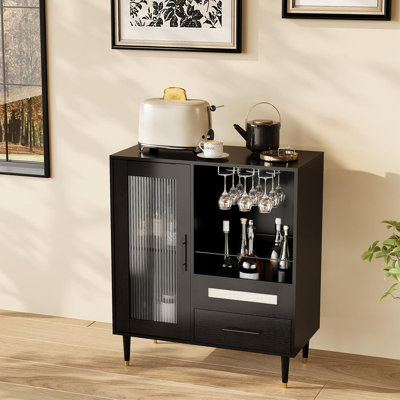 Freestanding Wine Bar Cabinet & Coffee Bar with Wine Rack, Modern Liquor Cabinet with Storage Sideboard Buffet with Tempered Glass Door & Drawers & Gl by 17 Stories