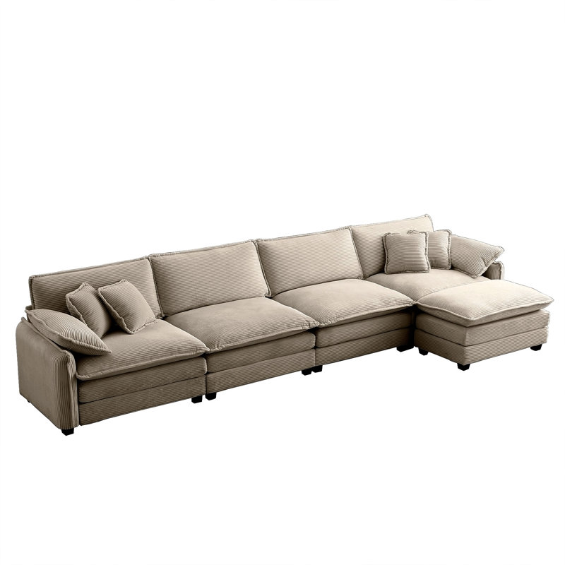 Corduroy Sofa with 1 Footrest, 33.85"H x 149.6"W x 34.25"D, Dark Brown Corduroy