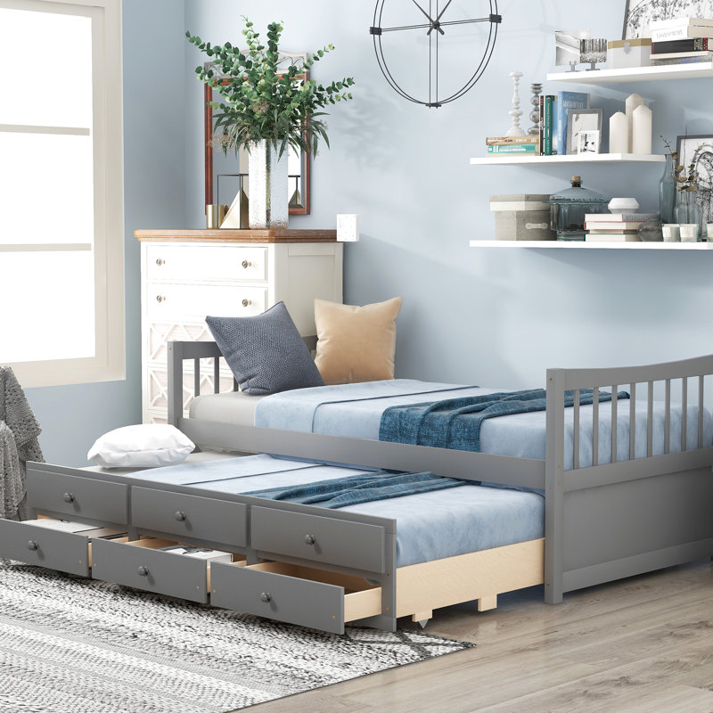 Lit de jour double gris polyvalent avec lit gigogne et tiroirs de rangement pratiques pour une salle d'étude confortable