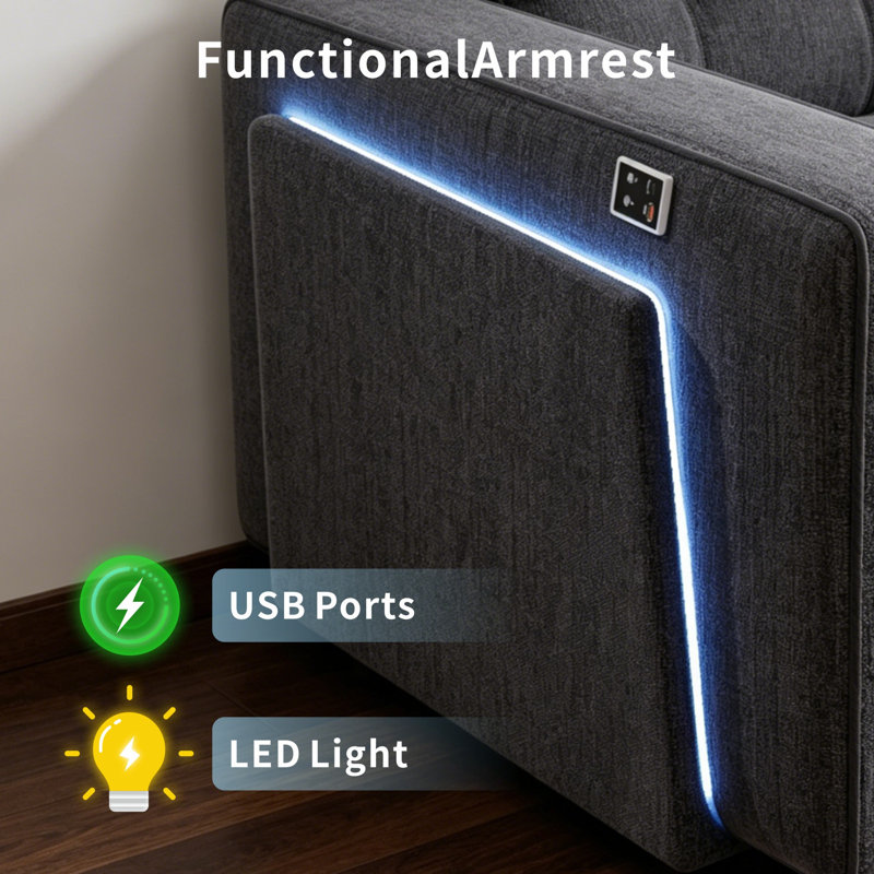 Canapé modulaire inclinable en U de 102 po Earp avec lit escamotable, rangement caché, ports USB et lumière DEL, canapé convertible multifonctionnel en chenille pour le salon