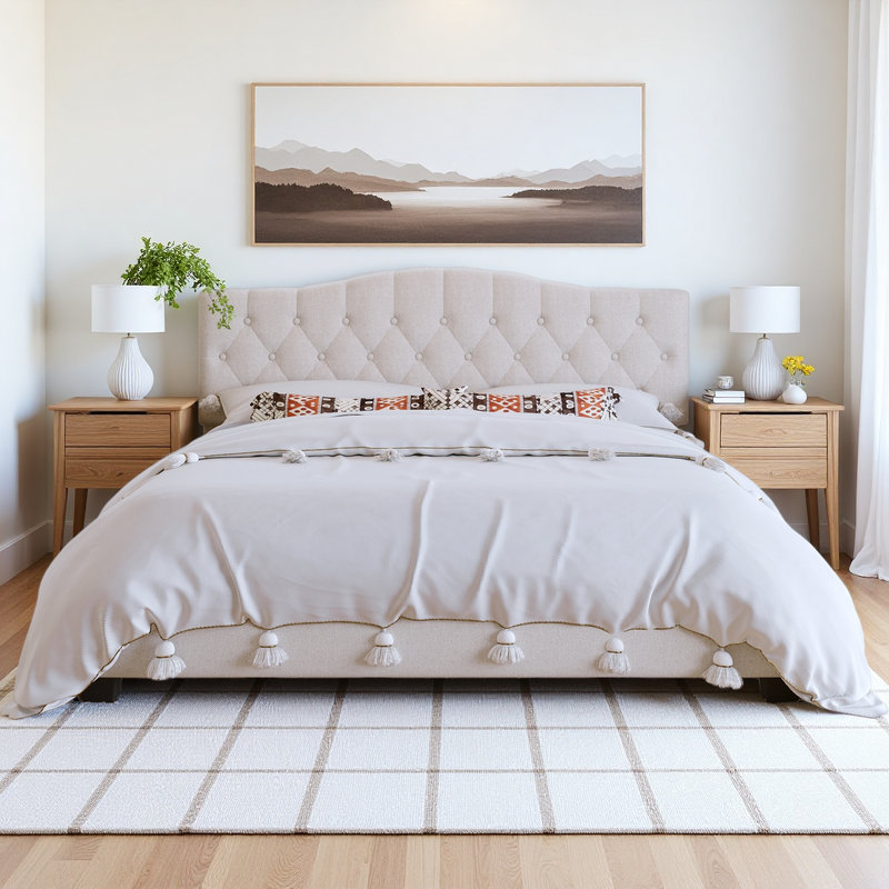 Beige Upholstered Bed Frame, King