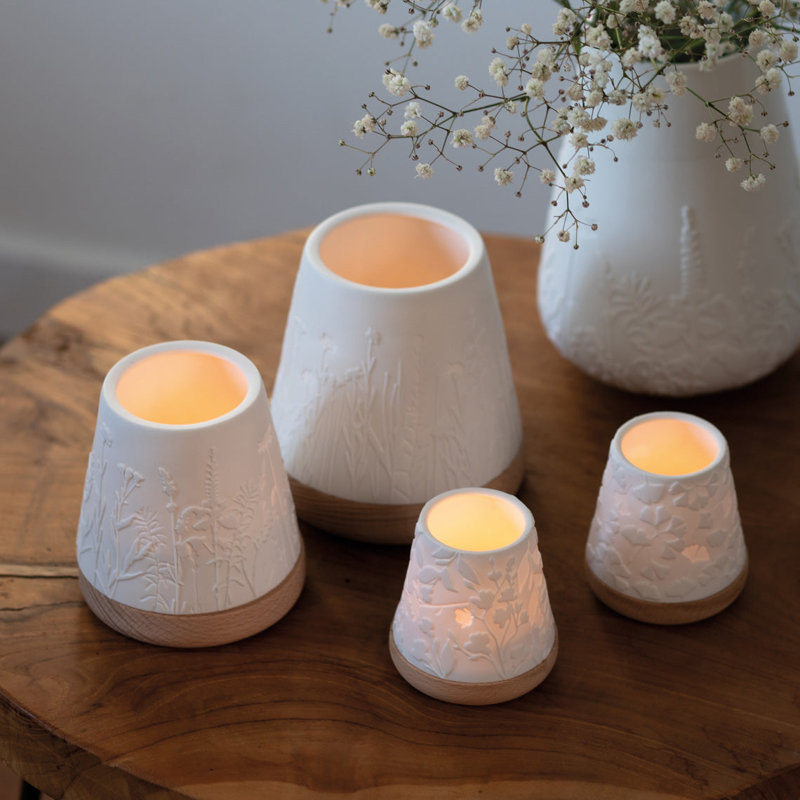 Porcelain Poetry Lantern Set with Beechwood Base - 3 Pieces