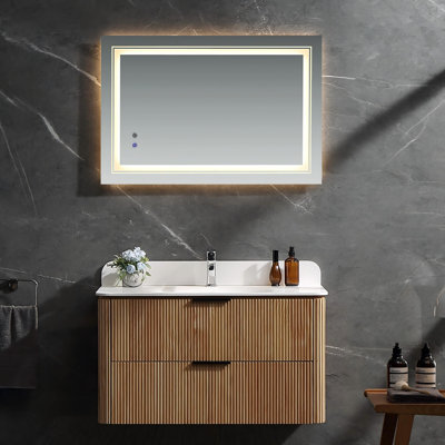 Meuble-lavabo flottant cannelé 36 po, coins arrondis, lavabo intégré en acrylique, entièrement assemblé, chêne / noir