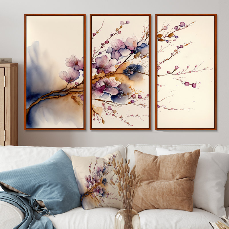 Rose et prune cerisier en fleurs III - ensemble d'art mural moderne sur toile, H 28 po x l 36 po, Cadre flottant doré