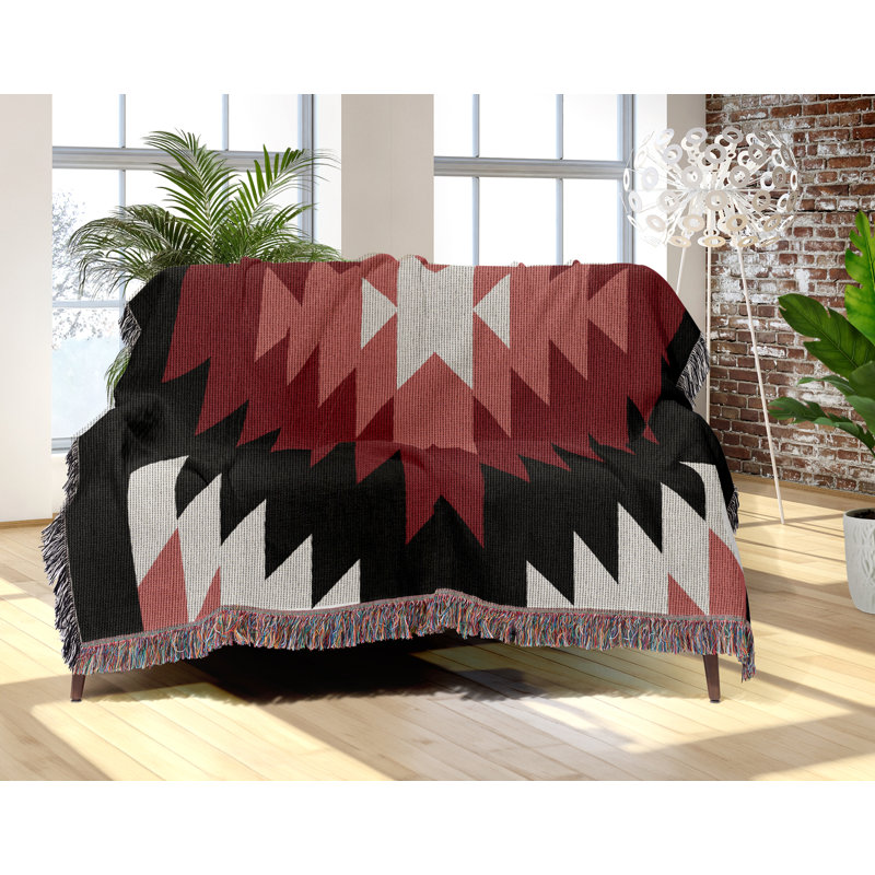 Jeté en mélange de coton Caca South Western, Rouge / noir / blanc cassé, L 60 po x l 60 po