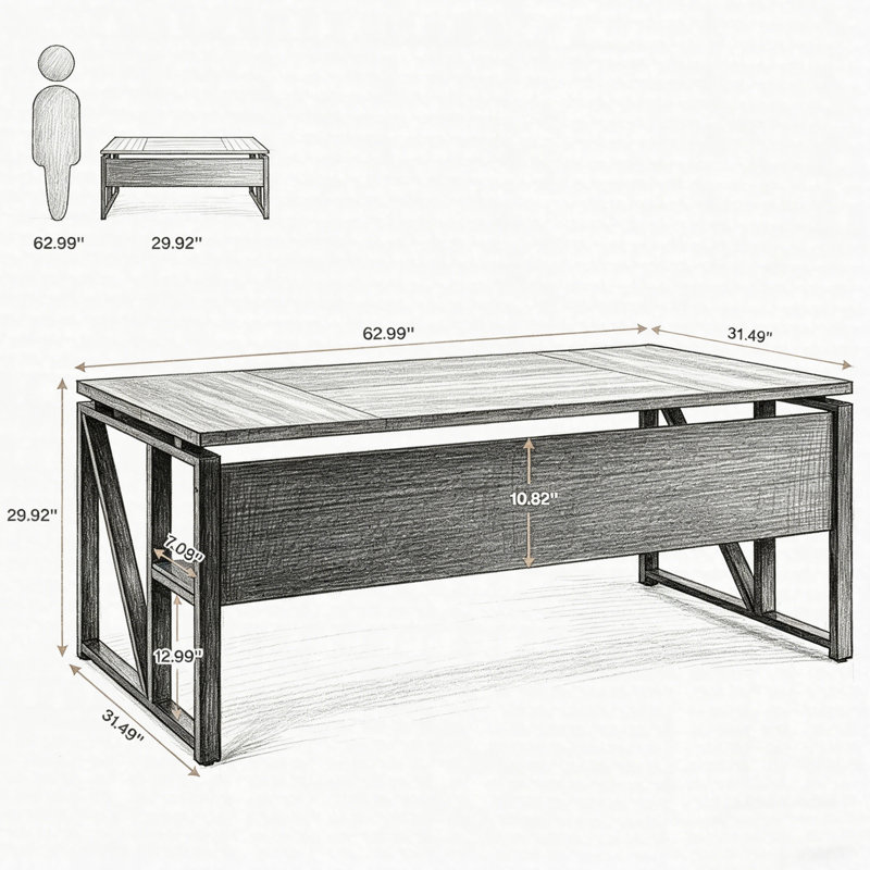 63" Computer Desk Writing Table With Bottom Storage Shelf, Metal Frame Home Office Desk, Gray, 29.94" H x 62.65" W x 31.13" D