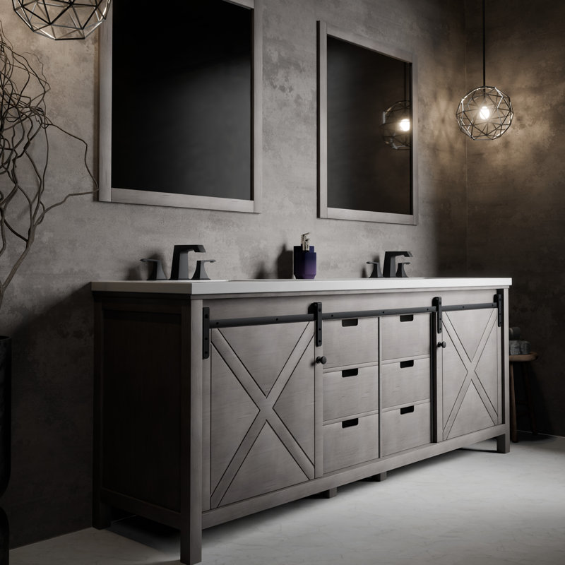 Marsyas 84 in W x 22 in D Double Bath Vanity and 34 in Mirrors, White Quartz, Ash Gray
