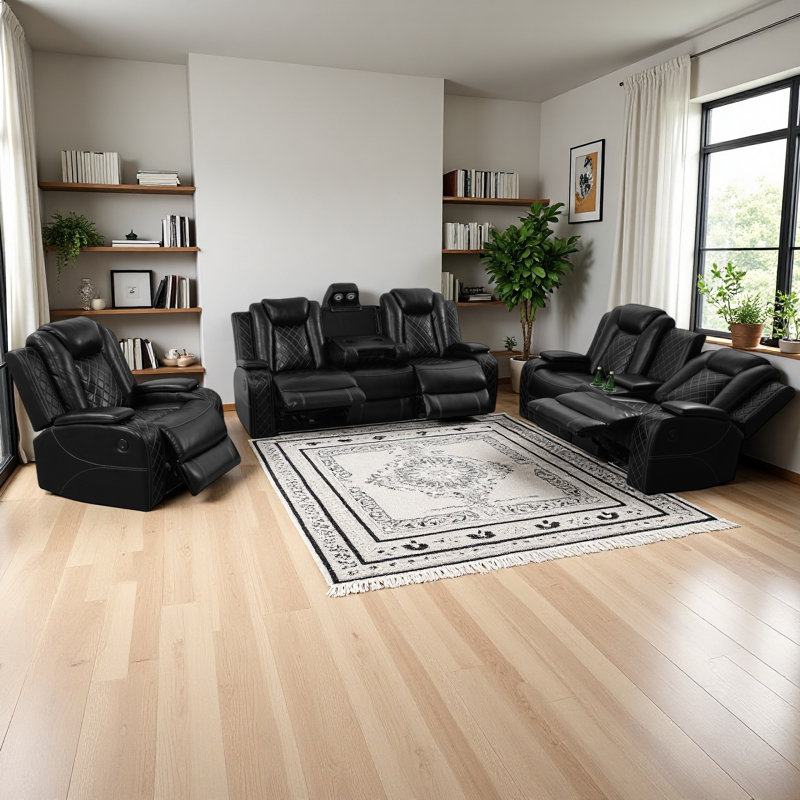 Ensemble de canapé inclinable en cuir 3 pièces Black