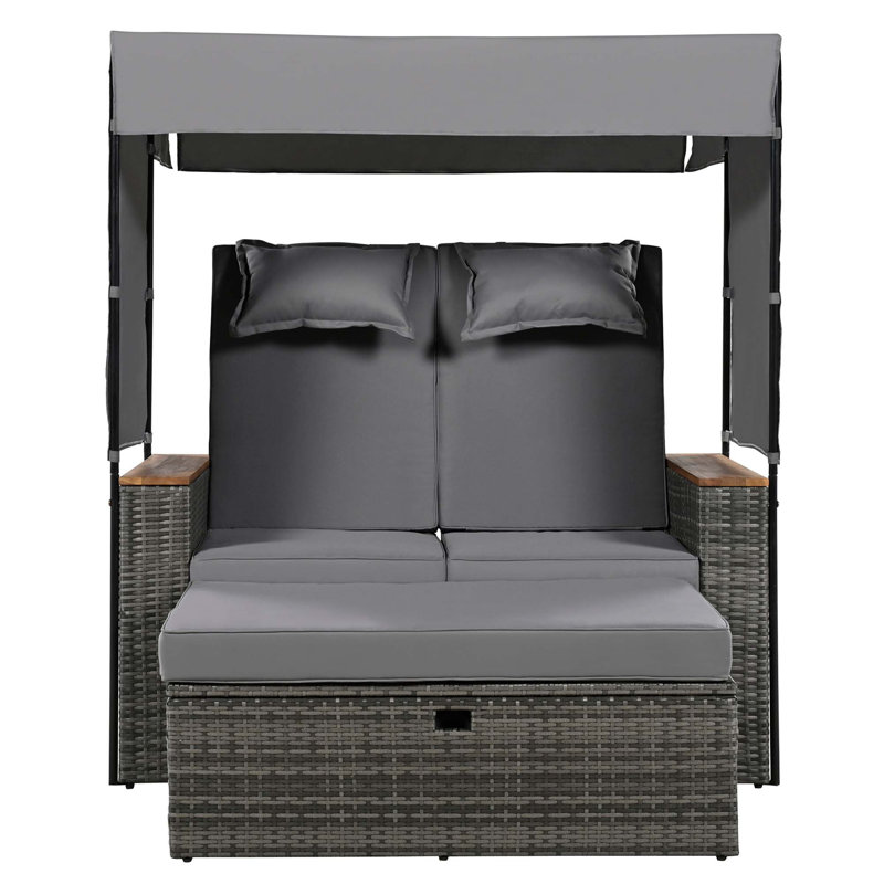 Outdoor Rattan Daybed With Multiple Functions And Comforts, Gray, Brown