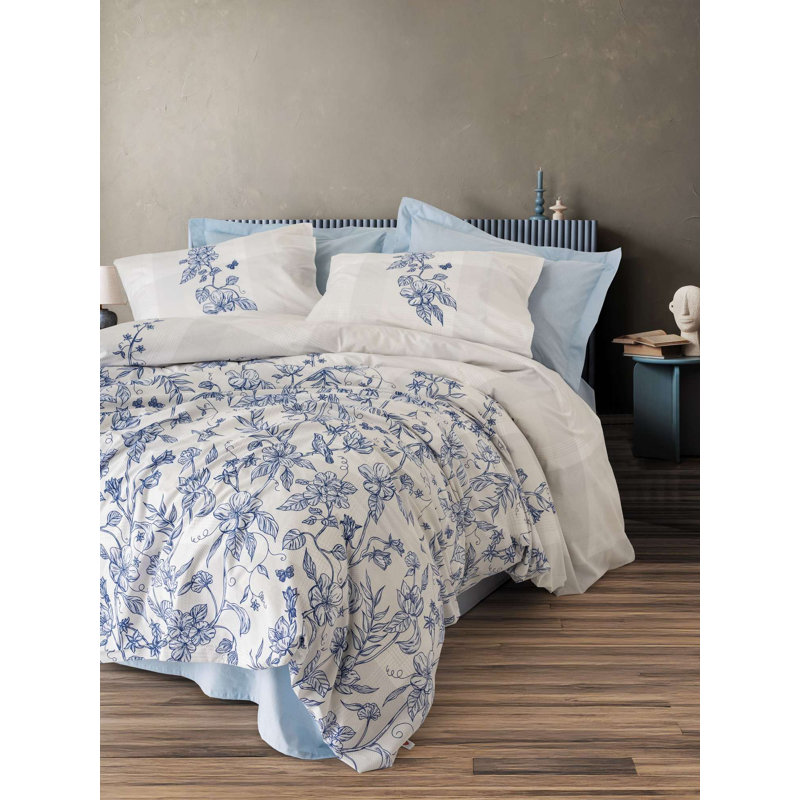 Premium Ranforce Single Quilt Cover Set, 100% Cotton, Blue | Duvet Cover 63 x 87, Flat Sheet 71 x 95, Pillowcase 20 x 28 | Machine Washable, Button Closure, Stylish Pigment Printing for Ultimate Comfort