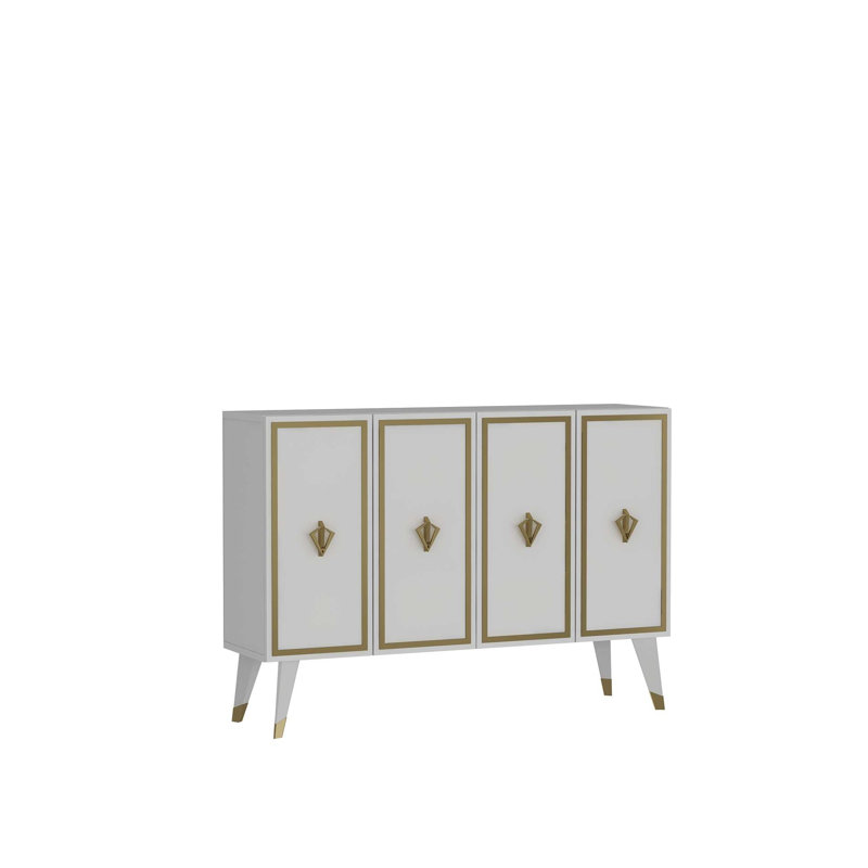 Console moderne avec option de fixation murale, blanche et dorée, 47,2 po x 31,5 po x 11,6 po | 100% panneau de particules enduit de mélamine, épaisseur: 0,7 pouce | Plusieurs tablettes, conception élégante pour la maison et le bureau