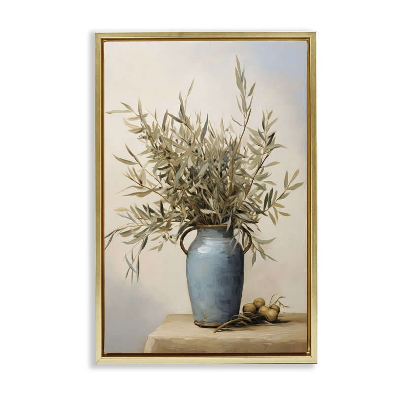 «Rustic Pottery Plant», toile flottante encadrée par Petals Prints Design, Cadre flottant métallique doré, H 31 po x l 21 po