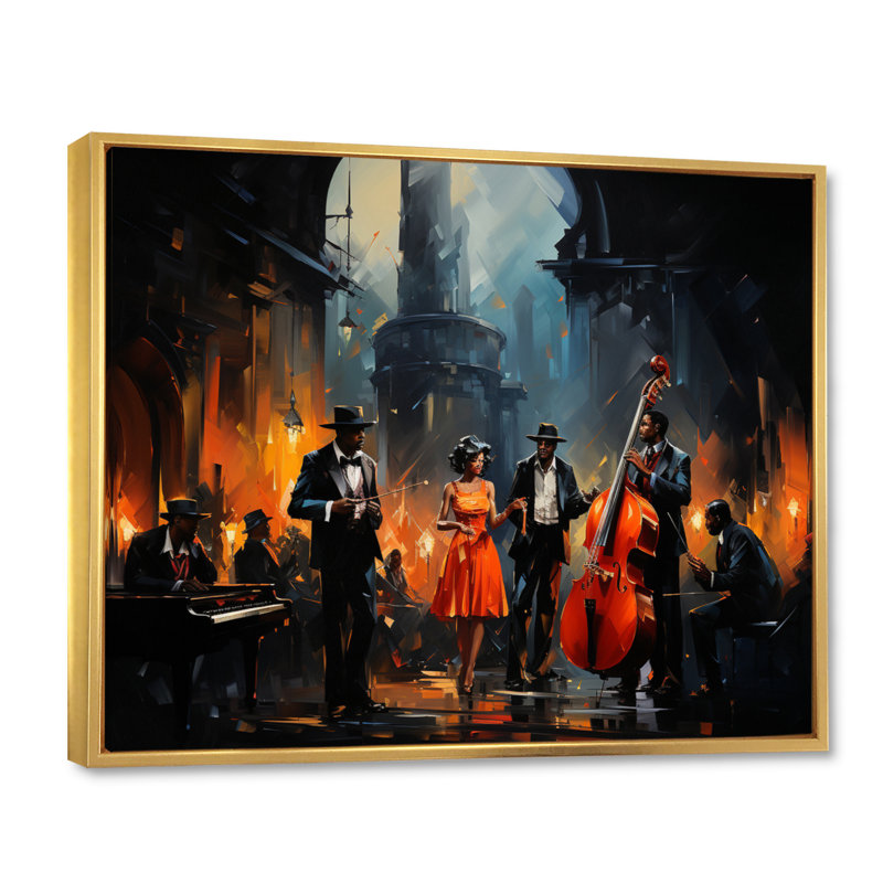 «Music In Harlems III» - Art africain sur toile, art mural, H 34 po x l 44 po, Reproduction avec cadre flottant, Doré