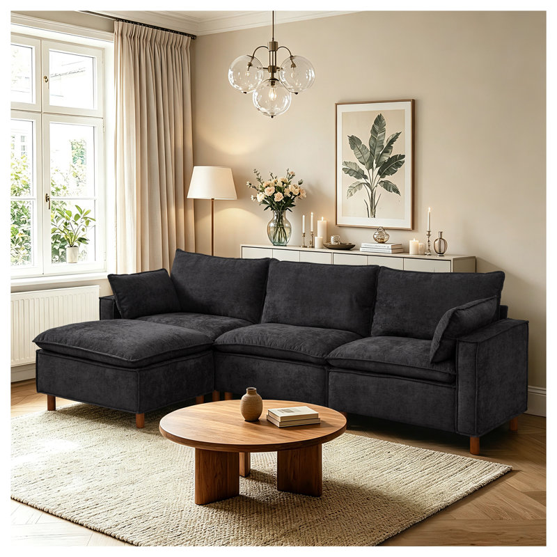 Canapé d'angle modulaire en forme de L de 276 cm (108,5 po) avec pouf amovible, revêtement en chenille noire, Chenille noir