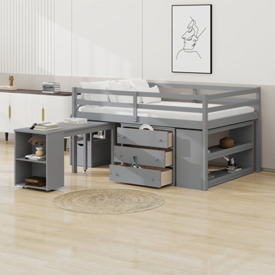 Lit mezzanine en bois avec bureau d'écriture rétractable et 3 tiroirs, avec escalier de rangement et tablettes