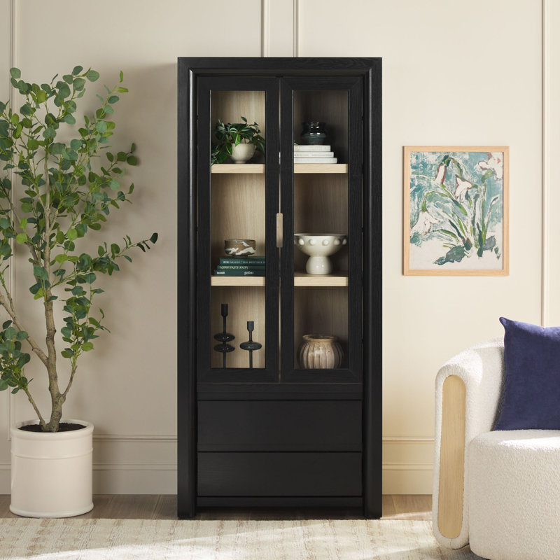 Bibliothèque à 3 niveaux H 72 po x l 32 po avec portes en verre et rangement pour tiroir Cottrell, Noir
