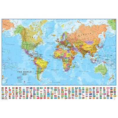 Medium World Wall Map Political With Flags - No Frame Print