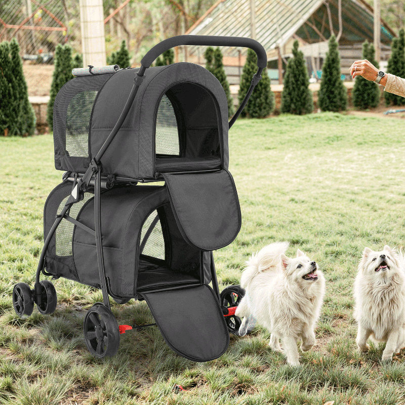 Black and Gray Double Pet Stroller with Steel Frame