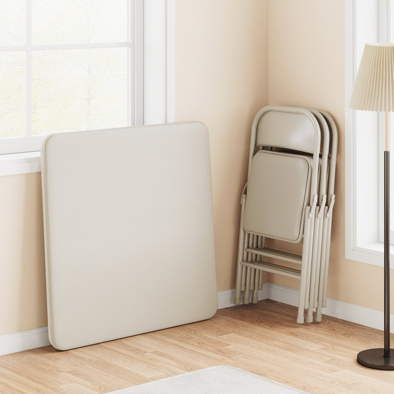 Folding Table, 33.6-Inch Portable Square Folding Card Table,  Metal Folding Table With Pu Soft Cushion 4 Chairs, Cream