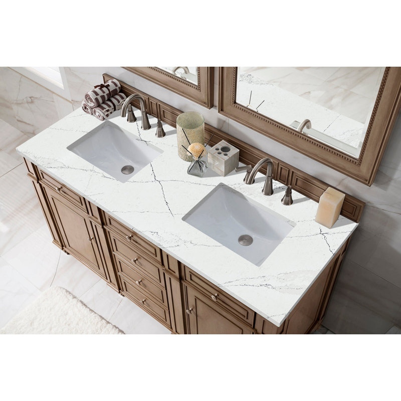 Bristol 60'' W Double Vanity, Whitewashed Walnut, Ethereal Noctis, 8" Widespread