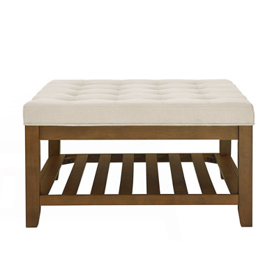 Upholstered Coffee Table, Tufted Large Square Ottoman With Shelf, Tea Table