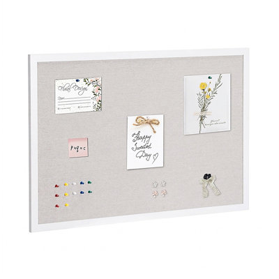 Tableau d'affichage en lin 36 x 24 pouces avec cadre en panneau de fibres à densité moyenne blanc, tableau d'affichage mural avec 15 punaises et trousse de montage, blanc
