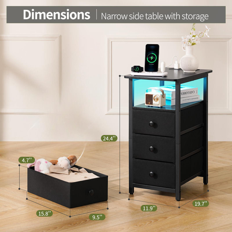 Black Metal and Fabric 3-Drawer Nightstand with LED Lighting