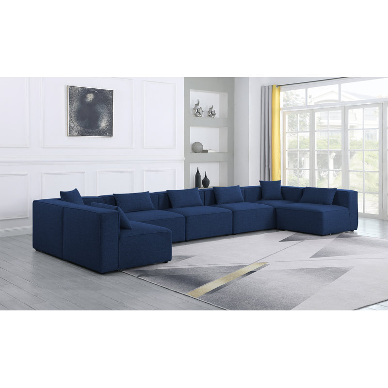 Narmeen 180" Wide Symmetrical Modular Corner Sectional, Navy Linen Textured Fabric
