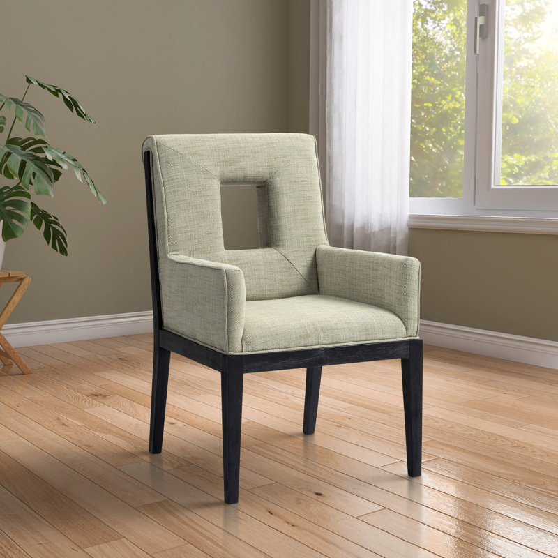 Fauteuil de salle à manger Flore, Tissu texturé en lin vert, Noir