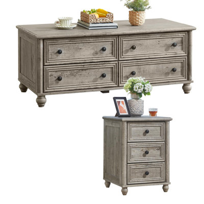Ensemble de table basse et table de chevet 2 pièces Farmhouse, meubles de salon et de chambre à coucher en bois avec rangement caché, colonne romaine et base cylindrique
