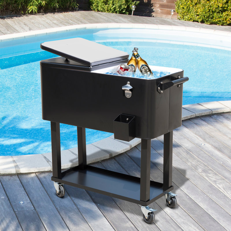 80 QT Rolling Cooling Bins Ice Chest on Wheels Outdoor Stand Up Drink Cooler Cart for Party, Black