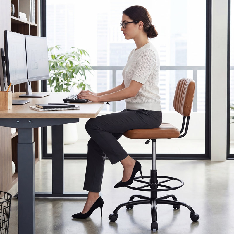 Ovidia Modern Ergonomic Drafting Chair with Footrest Ring, Tall Office Chair for Standing Desk and Bar Counter, Brown