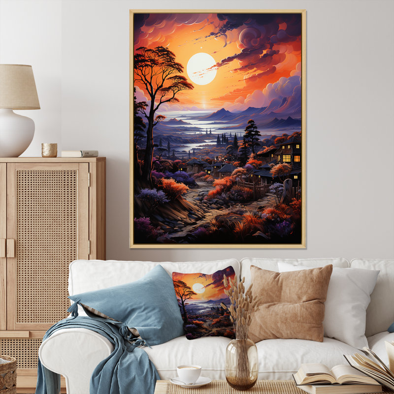 Village de Vangogh au coucher du soleil II, H 44 po x l 34 po x P 1,5 po, Cadre naturel flottant