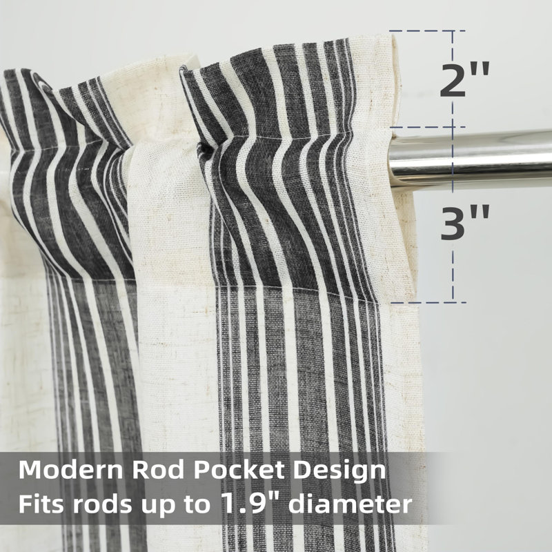 Rideaux de cuisine Rideaux rayés en lin, L 26 po x L 45 po, Chris - noir