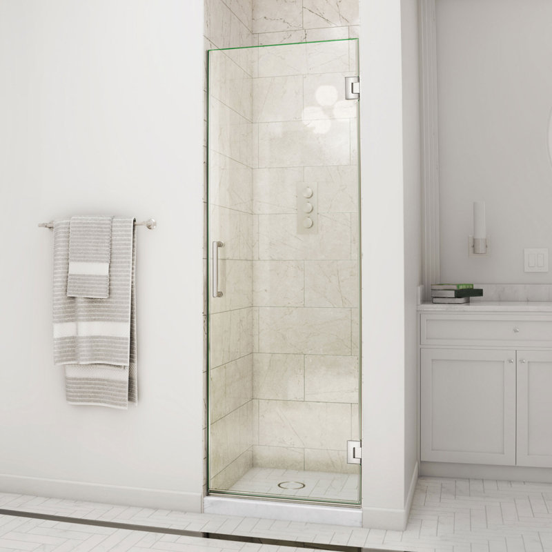 Unidoor 24" W x 72" H Hinged Frameless Shower Door with ClearMax™ Technology, Brushed Nickel, Clear Glass