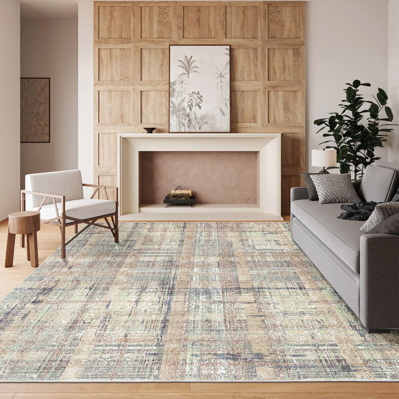 Premium 100% Cotton Area Rug (5.9 x 9.2 ft), Antibacterial, Non-Slip PVC Underside | Machine Washable, Pile Height: 0.4 in, Total Thickness: 0.3 in | Stylish Mink, Green & Grey Design for Living Room & Bedroom
