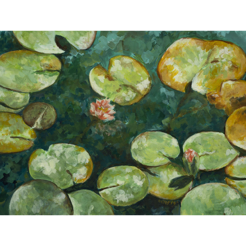 Tranquil Lily Pond par Ruth Hayes - Peinture, H 25 po x l 33 po, Toile avec cadre noir