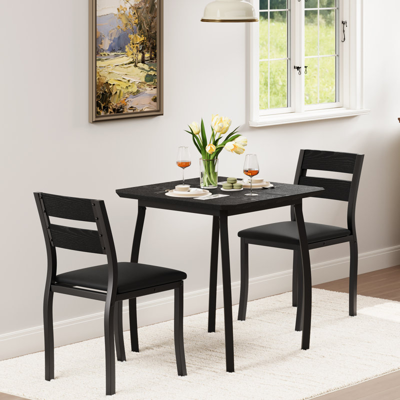 3 Piece Dining Table Set for 2 with Upholstered Chairs, Small Kitchen Table for Apartment, Black, Black, Black