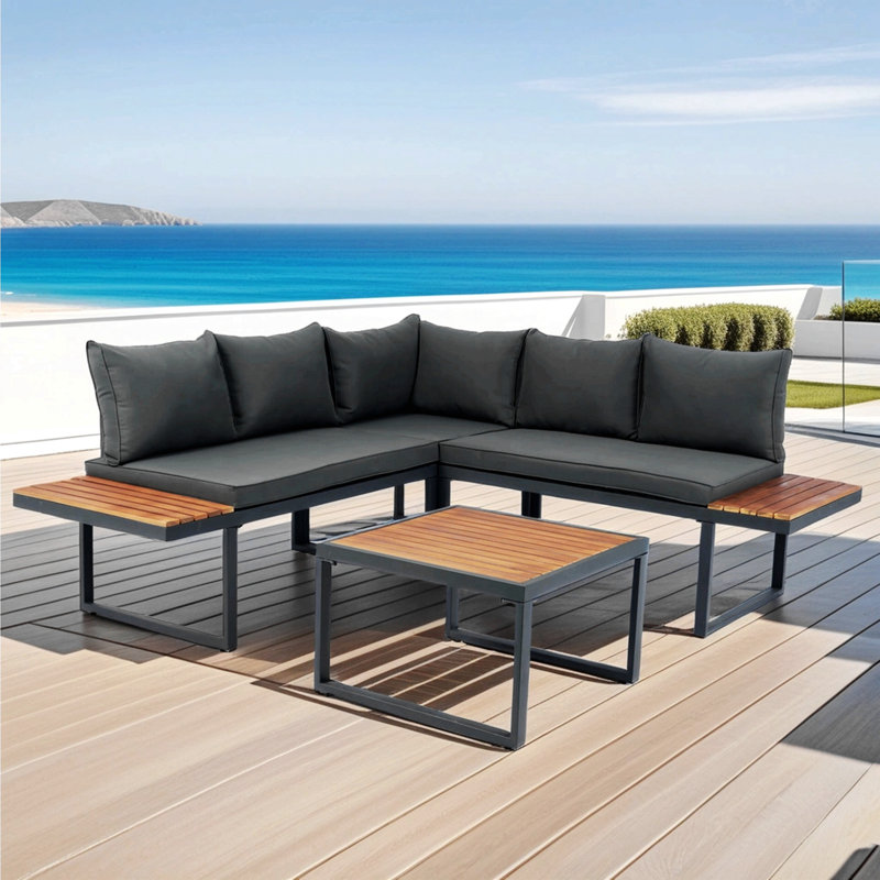Ensemble de conversation modulaire à 5 places en osier pour patio avec ensemble de conversation et coussins gris foncé