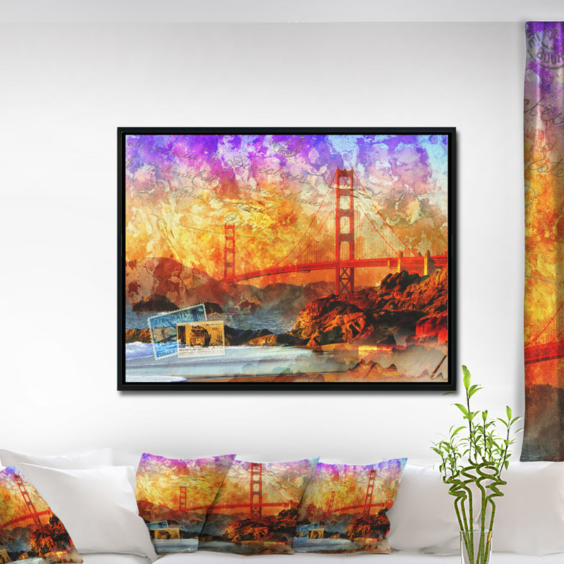 San Francisco Bridge - impression d'art graphique, H 30 po x l 40 po x P 1,5 po, Toile avec cadre flottant