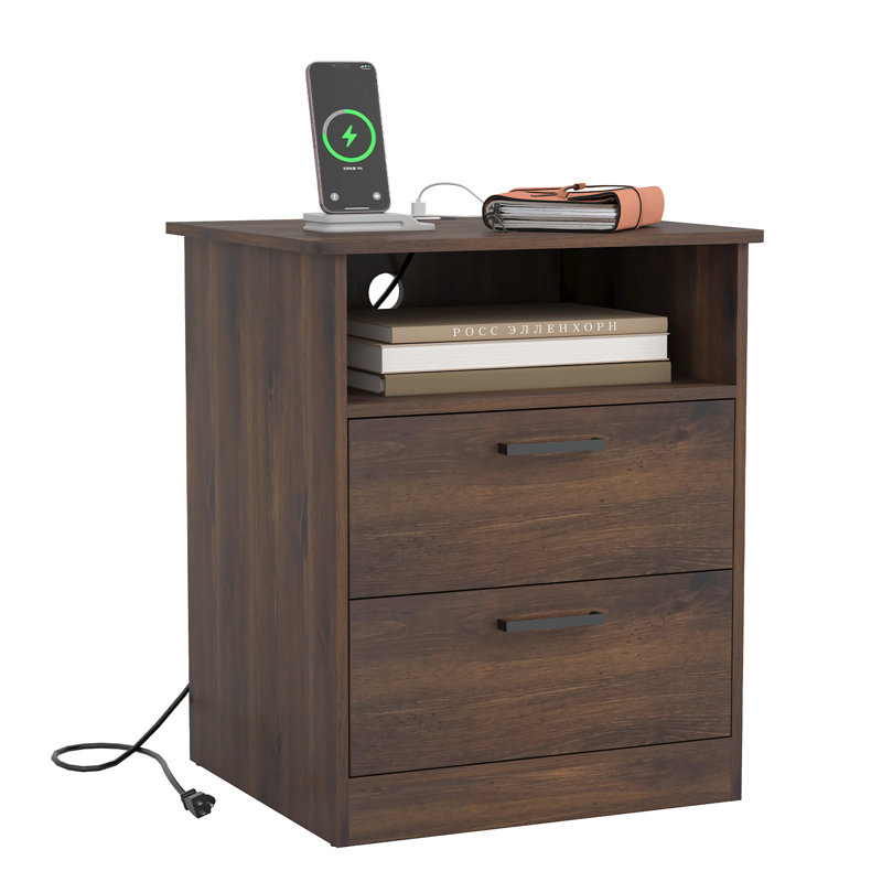 Table de chevet moderne brune à 2 tiroirs avec station de chargement avec ports USB Type C et prises de courant CA, Brun